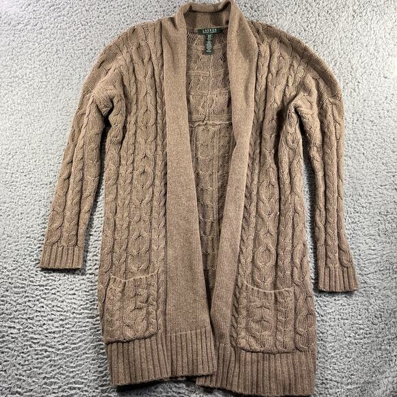 LAUREN RALPH LAUREN CARDIGAN WOMENS S/M BROWN BEIGE LAMBSWOOL CABLE KNIT ANGORA - Picture 1 of 11